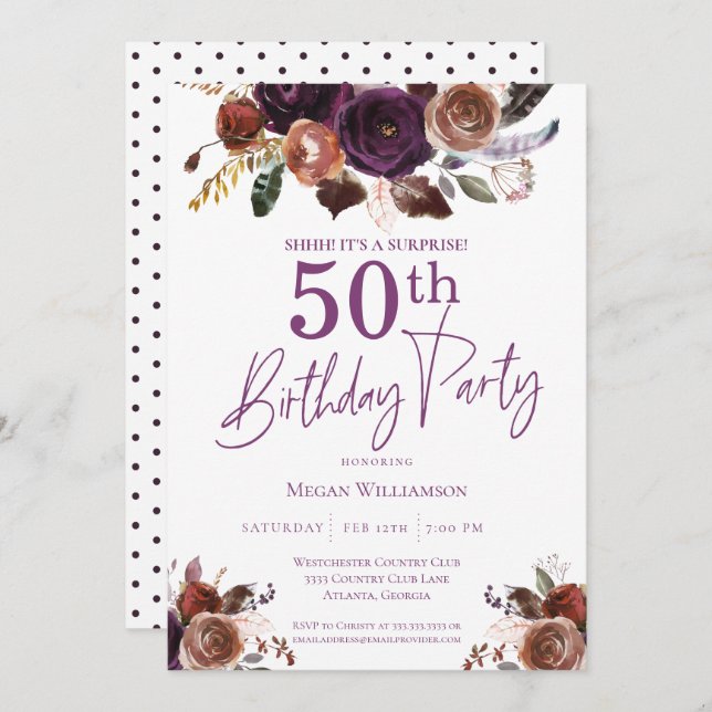 Invitación Fiesta de cumpleaños número 50 de Purple Floral Su (Anverso / Reverso)