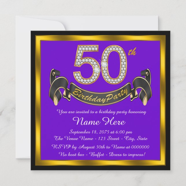 Invitación Fiesta de cumpleaños número 50 de púrpura y dorado (Anverso)