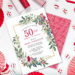 Invitación Fiesta de cumpleaños número 50 de Red White Rose F<br><div class="desc">Un marco de vacaciones delicado y festivo contiene rosas rojos y blancos enclavados en hojas de holly y eucalipto. El nombre y el año de cumpleaños del celebrante están escritos en rojo bonito. Perfecto para una fiesta de cumpleaños de invierno. Fácil de personalizar.</div>