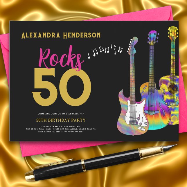 Invitación Fiesta de cumpleaños número 50 de Rock and Roll Ro (Rock and roll 50th birthday party black pink and gold invitation )