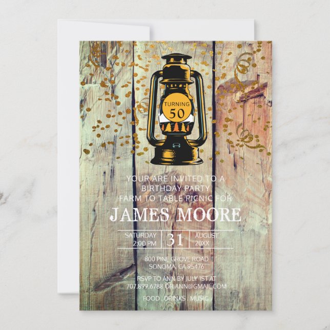 Invitación Fiesta de cumpleaños número 50 de Rustic Barn Wood (Anverso)