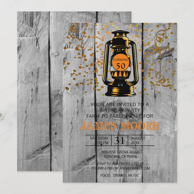 Invitación Fiesta de cumpleaños número 50 de Rustic Barn Wood (Anverso / Reverso)