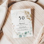 Invitación Fiesta de cumpleaños número 50 de Rustic Eucalyptu<br><div class="desc">Esta rústica invitación a la fiesta de cumpleaños número 50 con flores de oro de eucalipto es perfecta para una simple fiesta de cumpleaños. Este diseño artístico presenta un follaje dorado a mano floral y acuarela de eucalipto verde,  bellamente acondicionado en un marco geométrico elegante.</div>