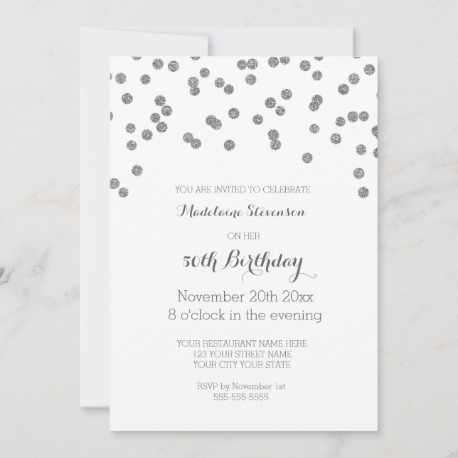 Invitación Fiesta de cumpleaños número 50 de Silver Confetti (Reverso)