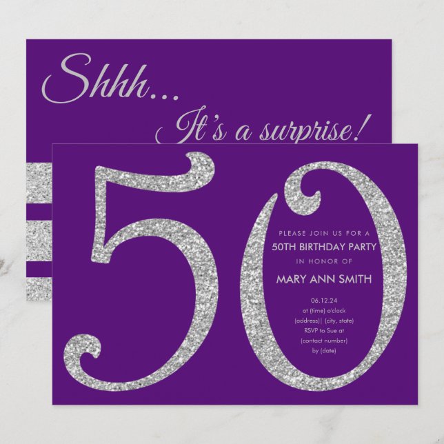 Invitación Fiesta de cumpleaños número 50 de Silver Purple Pu (Anverso / Reverso)
