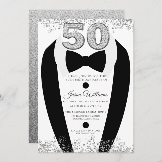 Invitación Fiesta de cumpleaños número 50 de Tuxedo Suit Silv (Anverso / Reverso)