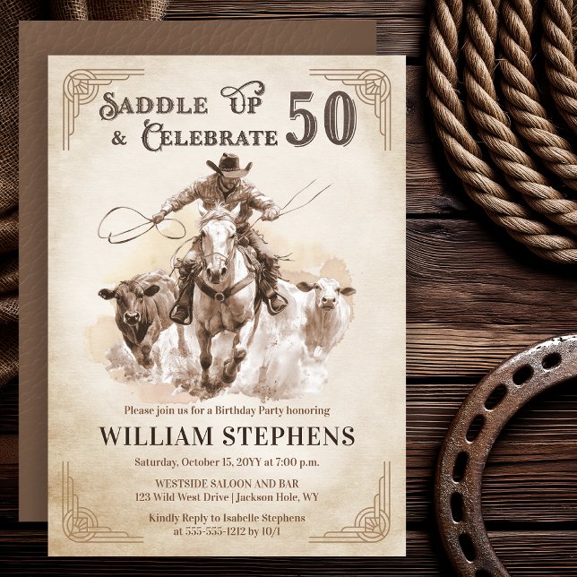 Invitación Fiesta de cumpleaños número 50 de vaquero occident (Vintage western cowboy 50th birthday invitation with rustic rodeo artwork)