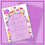 Invitación Fiesta de cumpleaños número 50 del Arco Boho Purpl<br><div class="desc">Un arco morado de Boho rodea los detalles de tu fiesta de cumpleaños número 50. Las flores silvestres coloridas le dan un toque floral al color violeta, amarillo naranja y rojo. La escritura moderna también en morado agrega una atmósfera de moda que también es femenina. La parte posterior es púrpura...</div>