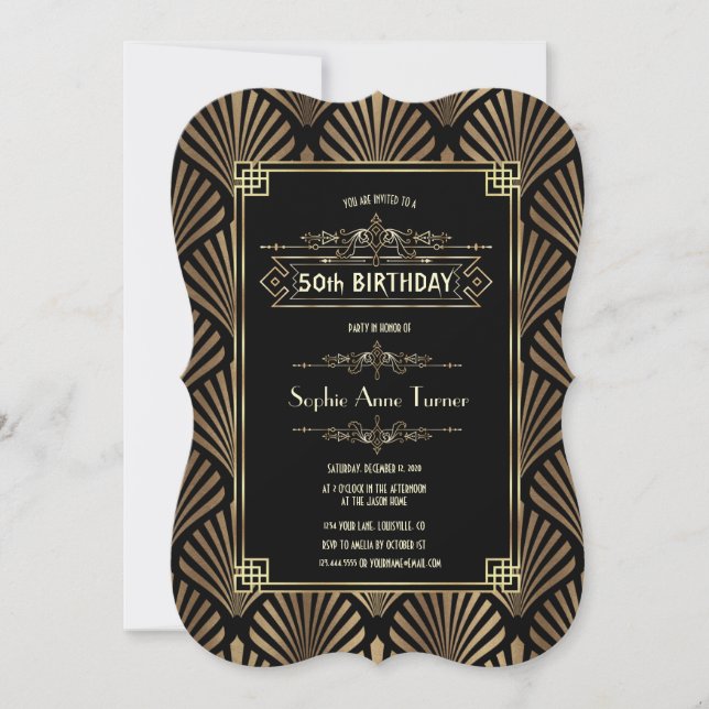 Invitación Fiesta de cumpleaños número 50 del Art Deco Black  (Anverso)