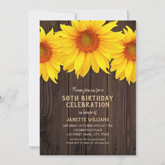 Invitación Fiesta de cumpleaños número 50 del girasol Madera  (Anverso)