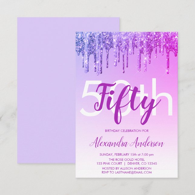 Invitación Fiesta de cumpleaños número 50 del Purpurina Purpl (Anverso / Reverso)