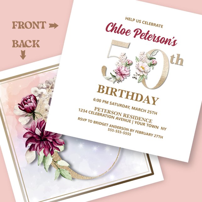 Invitación Fiesta de cumpleaños número 50 del Rosa Floral C (Subido por el creador)