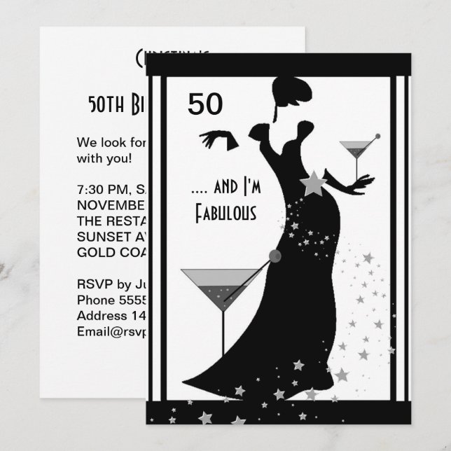 Invitación Fiesta de cumpleaños número 50 Diva Art déco Negro (Anverso / Reverso)