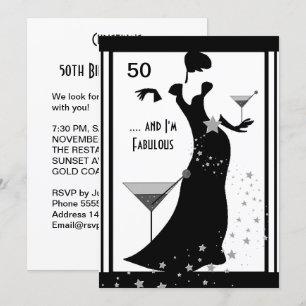 Invitación Fiesta de cumpleaños número 50 Diva Art déco Negro
