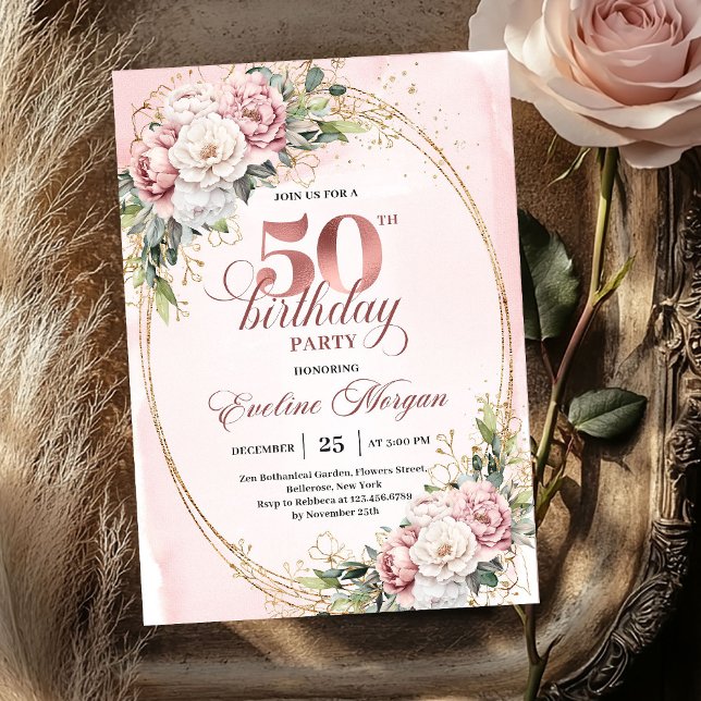 Invitación Fiesta de cumpleaños número 50 elegante con rosas  (Graceful Greenery Rose Gold 50th Birthday Party Invite

)