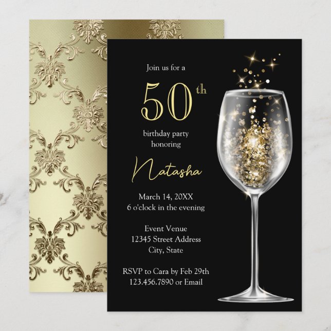 Invitación Fiesta de cumpleaños número 50 elegante damasco ne (Anverso / Reverso)