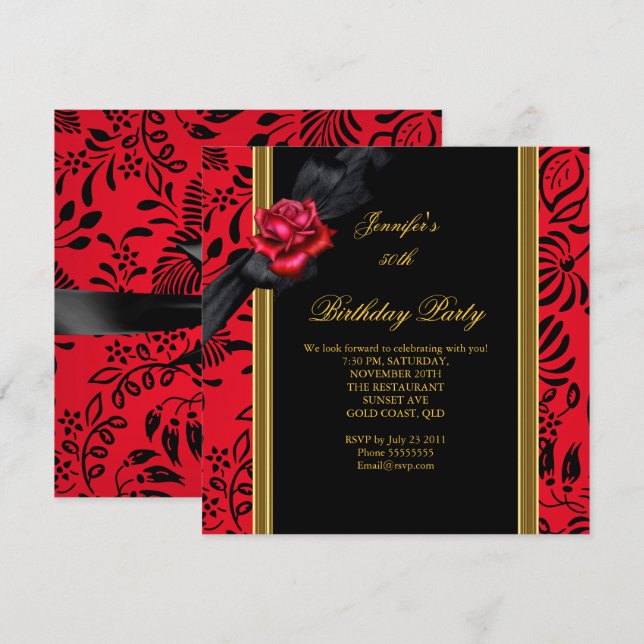 Invitación Fiesta de cumpleaños número 50 elegante damasco ro (Anverso / Reverso)