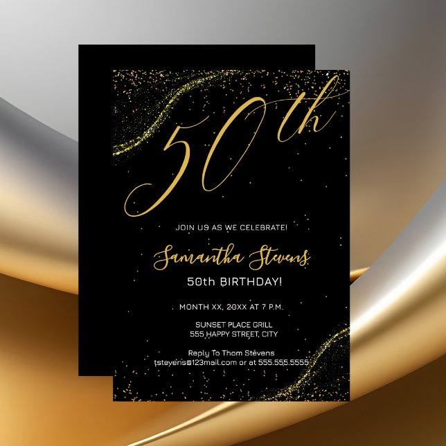 Invitación Fiesta de Cumpleaños número 50 Elegante de Oro y N (Gold 50th Birthday Party Invitation on Black)
