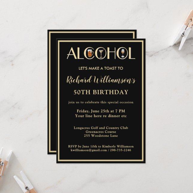 Invitación Fiesta de cumpleaños número 50 elegante moderna ne (Anverso/Reverso In Situ)