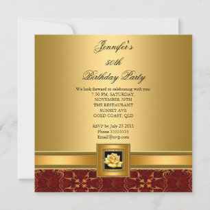Invitación Fiesta de cumpleaños número 50 elegante rojo dorad