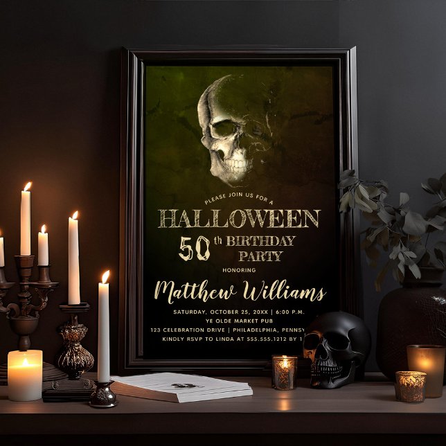 Invitación Fiesta de cumpleaños número 50 en Eerie Night Skul (Eerie Night, Creepy, Scary Skull Halloween Adult Birthday Party Invitation)