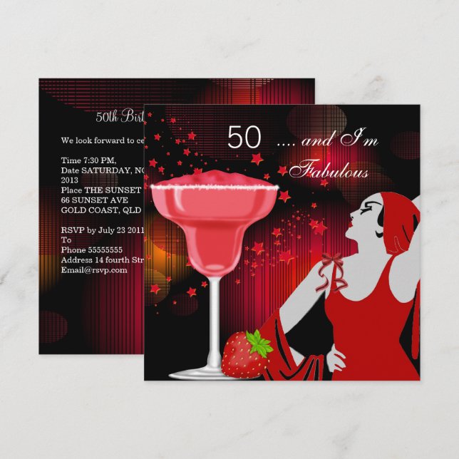 Invitación Fiesta de Cumpleaños número 50 Fabulosa 50 Diva Ro (Anverso / Reverso)