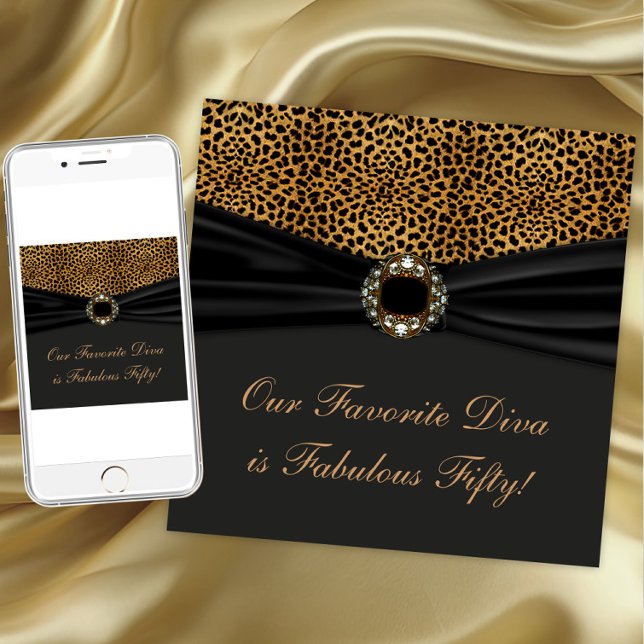 Invitación Fiesta de cumpleaños número 50 fabulosa de Diva Le (Elegant leopard jewel any occasion invitation. Instant download and printed invitations available.)