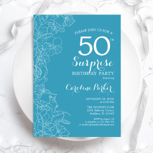 Invitación Fiesta de cumpleaños número 50 - Floral azul claro