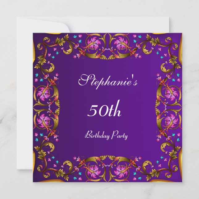 Invitación Fiesta de cumpleaños número 50 flores púrpura (Anverso)