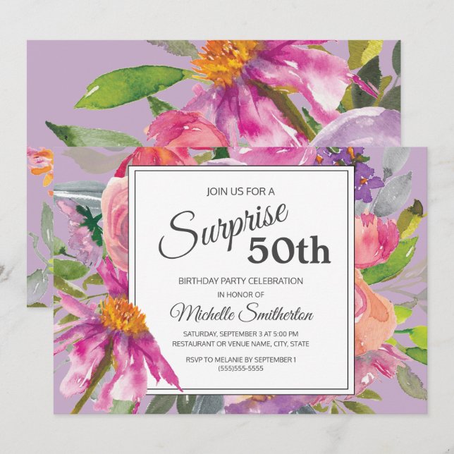 Invitación Fiesta de cumpleaños número 50 Garden Purple Pink  (Anverso / Reverso)