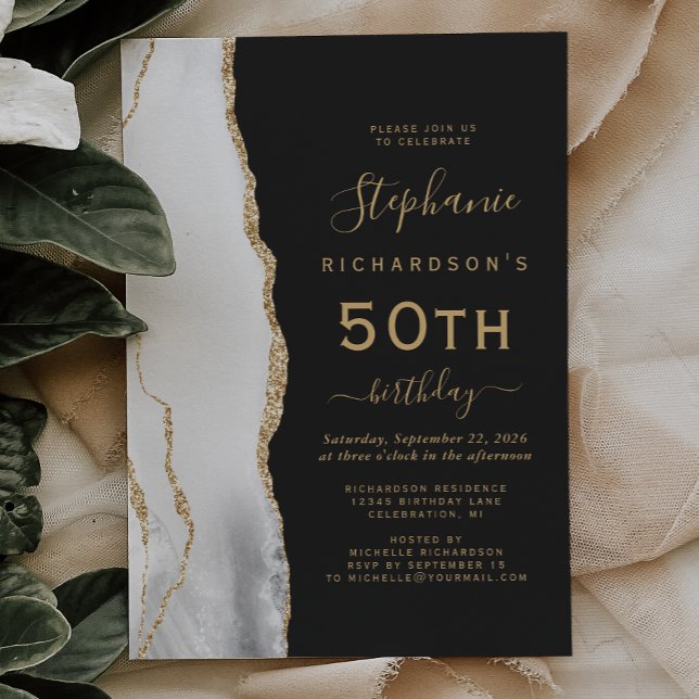Invitación Fiesta de cumpleaños número 50 Gris Blanco Ágata O (Subido por el creador)