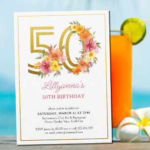 Invitación Fiesta de cumpleaños número 50 hermoso floral dora