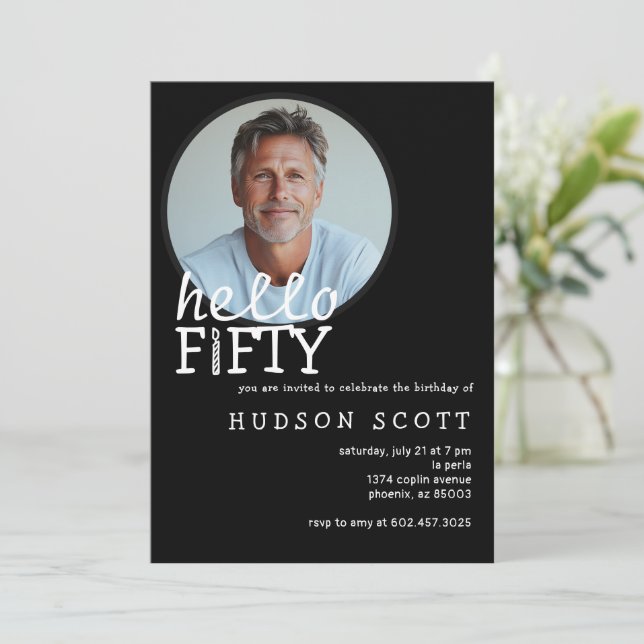 Invitación Fiesta de cumpleaños número 50 Hola 50 Foto Blanco (Anverso de pie)