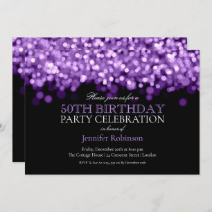 Invitación Fiesta de cumpleaños número 50 Luces Glam Purple