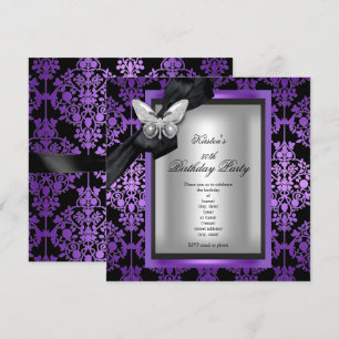 Invitación Fiesta de cumpleaños número 50 Morado Plata Damask