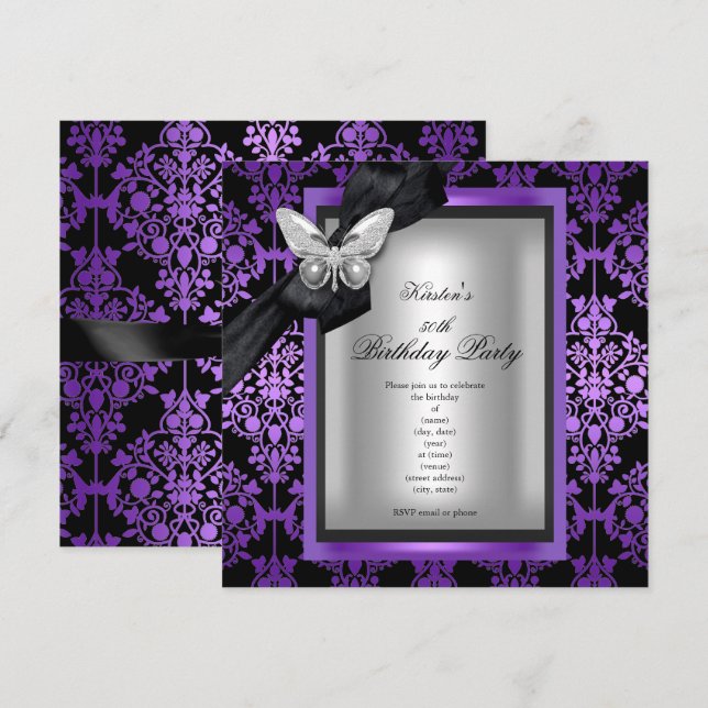 Invitación Fiesta de cumpleaños número 50 Morado Plata Damask (Anverso / Reverso)