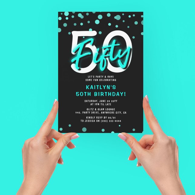 Invitación Fiesta de cumpleaños número 50 Neon Teal Thirty (Subido por el creador)