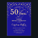 Invitación Fiesta de cumpleaños número 50 - Oro azul real<br><div class="desc">Sorpresa 50.ª Invitación de fiesta de cumpleaños. Diseño elegante en azul real zafiro y oro falso purpurina . Presenta el tipo de letra de guión y los diamantes confetti. ¡Salud a 50 años! Mándame un mensaje si necesitas más personalización.</div>