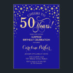 Invitación Fiesta de cumpleaños número 50 - Oro azul real<br><div class="desc">Sorpresa 50.ª Invitación de fiesta de cumpleaños. Diseño elegante en azul real zafiro y oro falso purpurina . Presenta el tipo de letra de guión y los diamantes confetti. ¡Salud a 50 años! Mándame un mensaje si necesitas más personalización.</div>