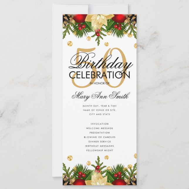 Invitación Fiesta de cumpleaños número 50 Oro con menú (Anverso)