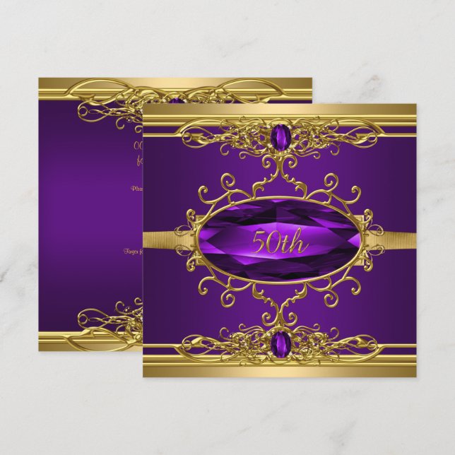 Invitación Fiesta de cumpleaños número 50 oro púrpura diamant (Anverso / Reverso)