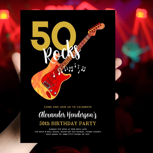 Invitación Fiesta de cumpleaños número 50 para él (Rock and roll 50th birthday party invitation 50 Rocks electric flame guitar with musical notes black)