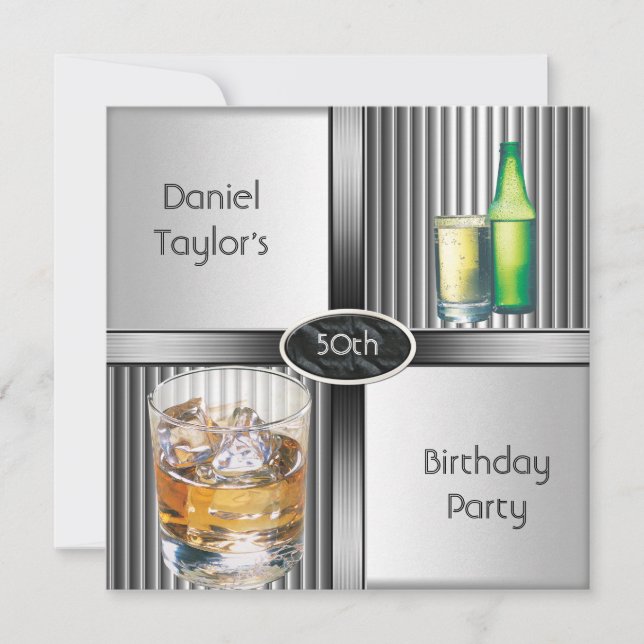Invitación Fiesta de cumpleaños número 50 para hombre, bebida (Anverso)