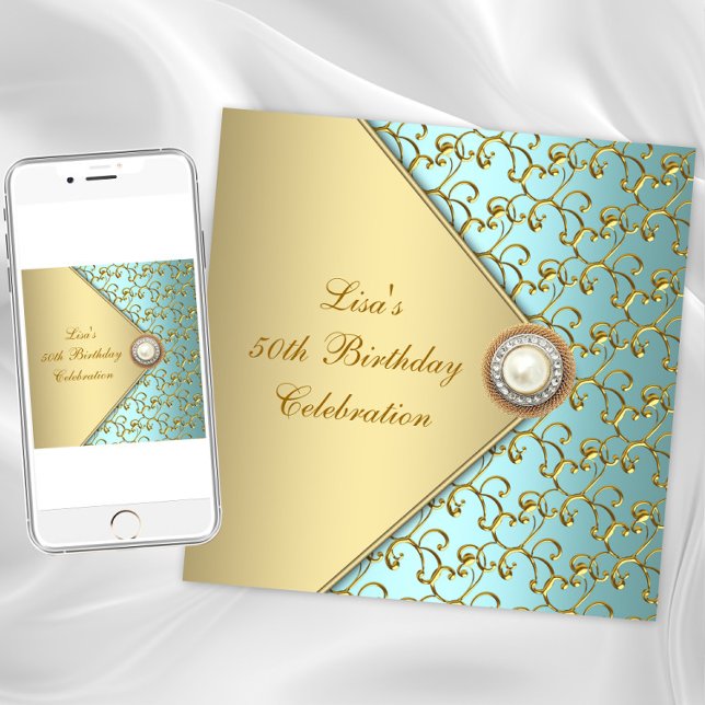 Invitación Fiesta de cumpleaños número 50 para mujer con perl (Teal gold jewel any occasion invitation. Instant download and printed invitations available.)