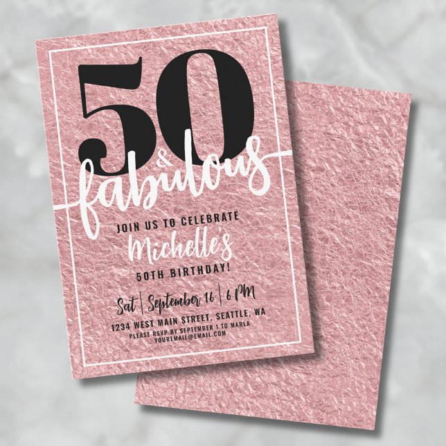 Invitación Fiesta de Cumpleaños número 50 para Mujer en Rosa  (Rose Gold Fifty Fabulous 50th Birthday Party Invitation)