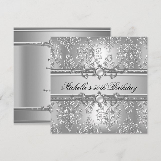 Invitación Fiesta de cumpleaños número 50 Perla plateada Joya (Anverso / Reverso)