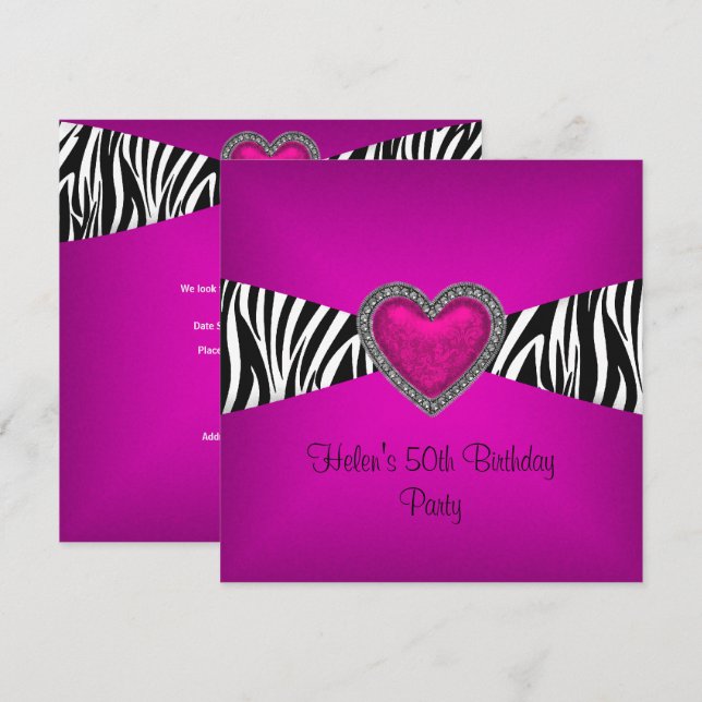 Invitación Fiesta de cumpleaños número 50 Pink Zebra Heart Bl (Anverso / Reverso)