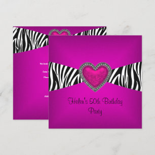 Invitación Fiesta de cumpleaños número 50 Pink Zebra Heart Bl