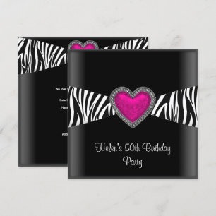 Invitación Fiesta de cumpleaños número 50 Pink Zebra Heart Bl