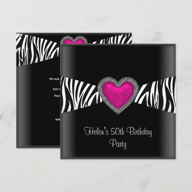 Invitación Fiesta de cumpleaños número 50 Pink Zebra Heart ne (Anverso / Reverso)